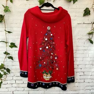Vintage Ugly Christmas Tree Long Sweater - Gaudy, Tacky Sweater Dress Beaded